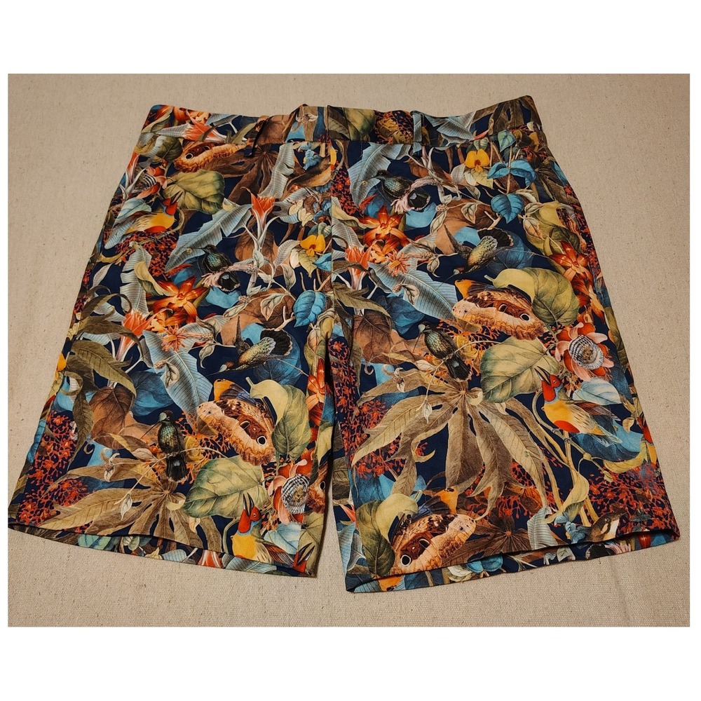 Topman Mens Tropical Hummingbird Butterfly Botanical Print Shorts Navy Blue 34